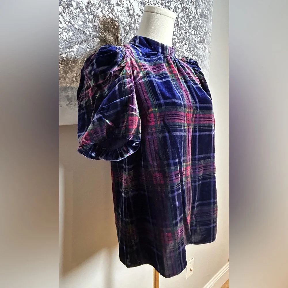 Boden Velvet Plaid Puff Sleeve Top - Navy, Red & Green size US 4 UK 8